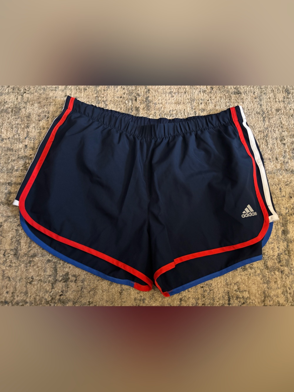 adidas Navy Blue Shorts with Red Trim and White Logo